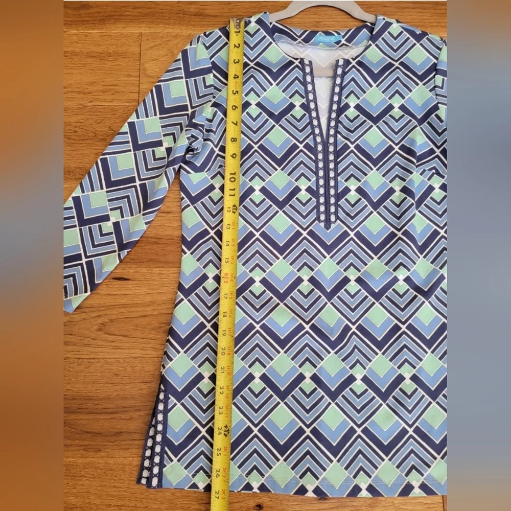 J. McLaughlin Catalina Cloth Tunic Top Women's Small Blue Green Split Neck Shirt - Picture 8 of 8